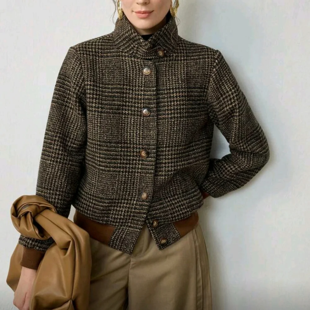 New Autumn/Winter Woven Turndown Collar Plaid Elegant Long Sleeve Casual Jacket - Picture 2 of 7